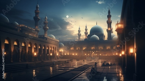 a captivating scene of the Sultan Hassan Mosque-Madrasa accentuating its serene beauty as nightfall approaches
