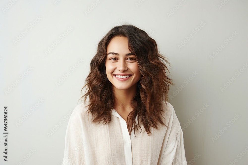A joyful young woman stands in a studio, gazing away with a radiant smile.
A joyful young woman stands in a studio, gazing away with a radiant smile.