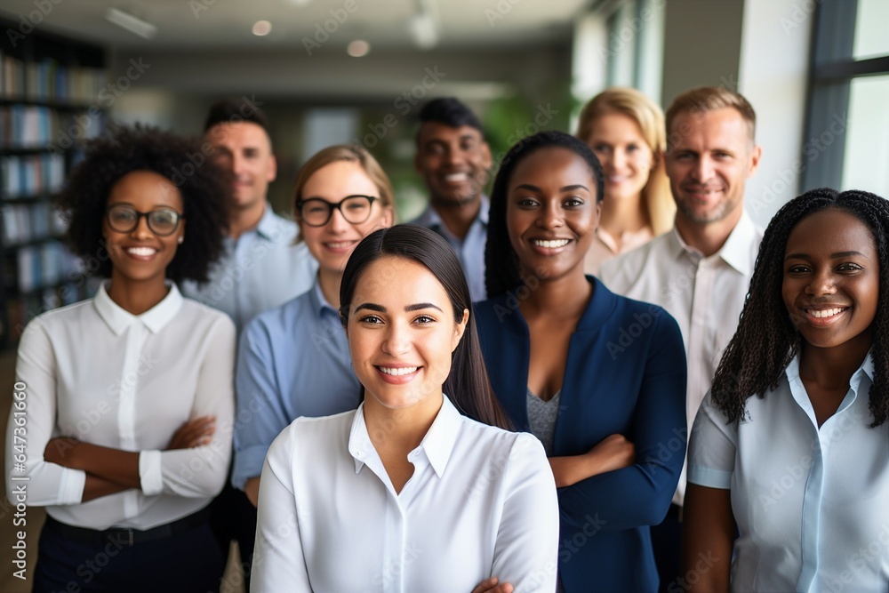 Fototapeta premium A multicultural business team beams with smiles as they face the camera within an office. 