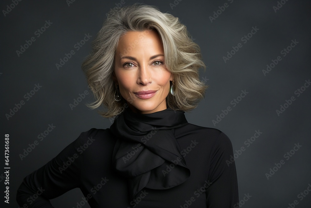 A stylish mature woman strikes a pose for the camera within a studio.
