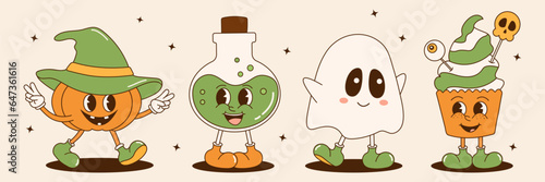 Groovy retro halloween sticker set. Trendy retro cartoon style. Comic halloween cartoon characters, mascots. Pumpkin, ghost, potion, cupcake