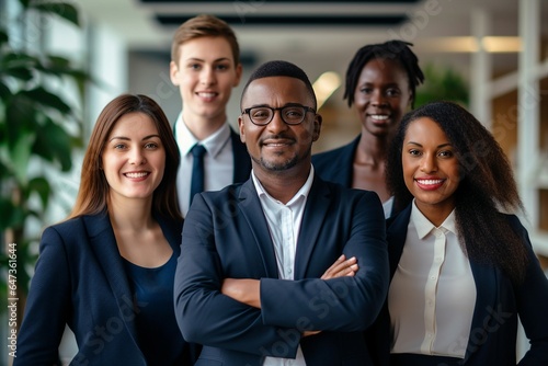 A multicultural business team beams with smiles as they face the camera within an office.
