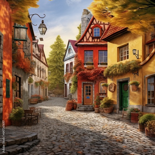 a charming cobblestone street in a quaint European village with colorful buildings