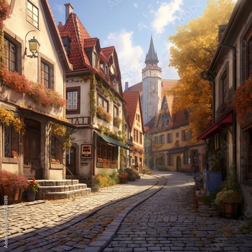 a charming cobblestone street in a quaint European village with colorful buildings