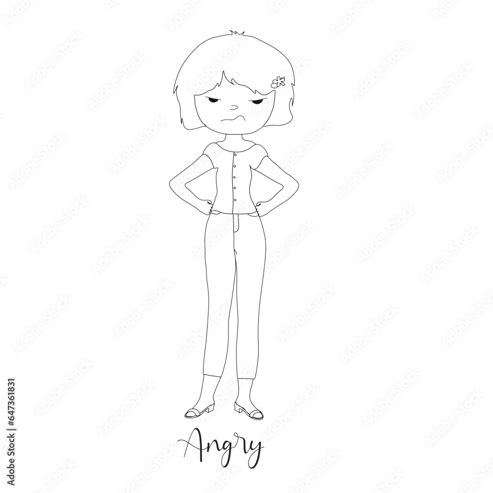 Angry girl with arms akimbo outline illustration vector isolated on white background. Emotions of the girl coloring illustration in kid drawing style. Angry girl with arms akimbo outline illustration vector isolated on white background. Emotions of the girl coloring illustration in kid drawing style.