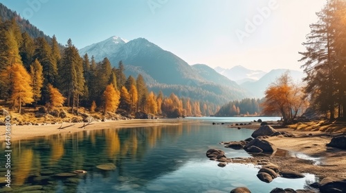 Autumn panorama of mountain lake, Sunny morning view