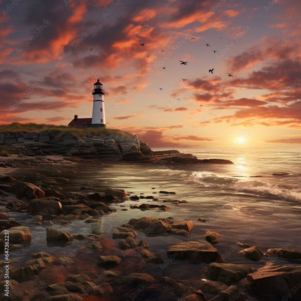 a coastal scene at dawn with a lighthouse standing tall against the morning sky