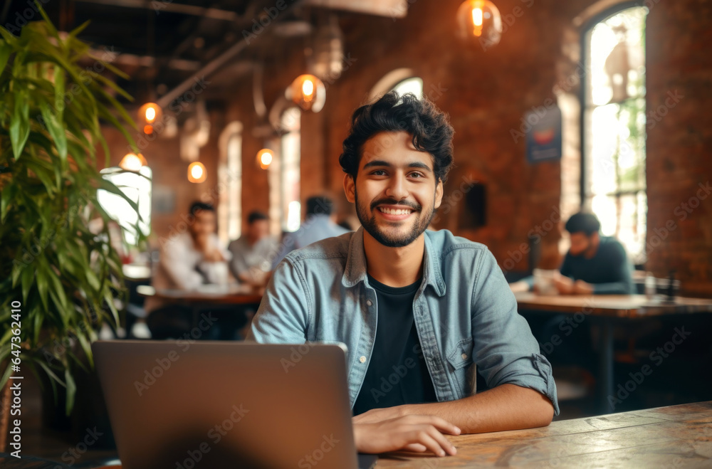 Portrait of cheerful male it professional working remotely with modern laptop device sitting at table and smiling at camera during break. AI Generated Portrait of cheerful male it professional working remotely with modern laptop device sitting at table and smiling at camera during break. AI Generated