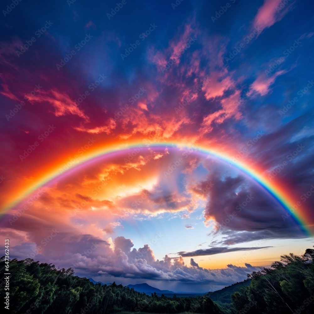 a colorful and vibrant monsoon rainbow arcing across a partly cloudy sky