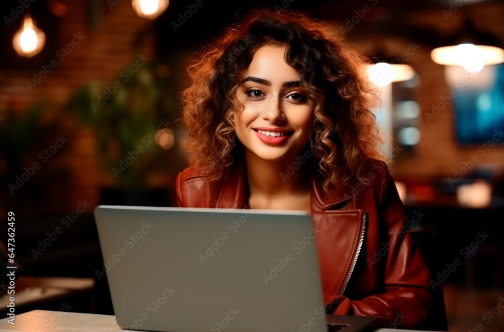 Smiling Latina brunette architect making a work call with a laptop from a coffee shop. AI Generated Smiling Latina brunette architect making a work call with a laptop from a coffee shop. AI Generated