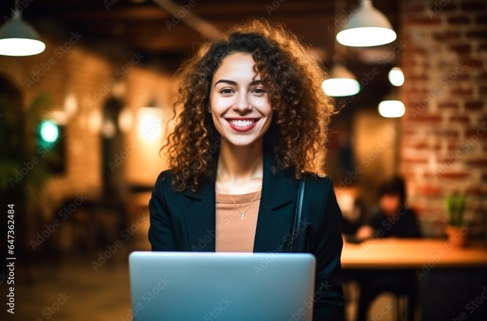 Smiling Latina brunette architect making a work call with a laptop from a coffee shop. AI Generated Smiling Latina brunette architect making a work call with a laptop from a coffee shop. AI Generated
