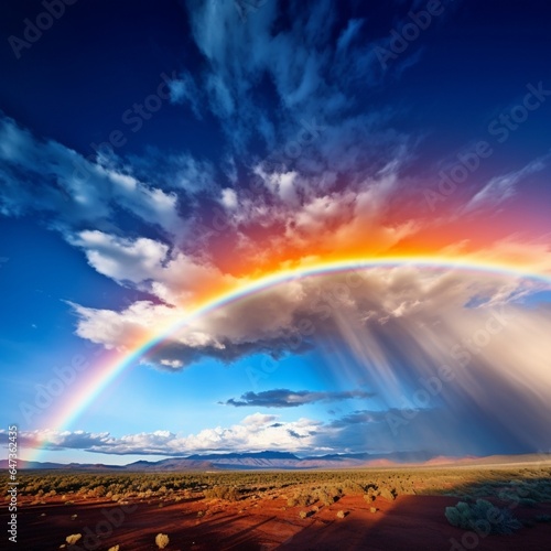 a colorful and vibrant monsoon rainbow arcing across a partly cloudy sky