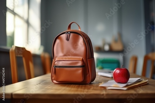 Back to school and happy time. Apple and backpack