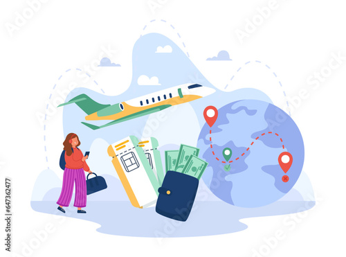 Happy woman using skiplagging hack for cheap plane tickets. Boarding pass, wallet with banknotes, globe with route for saving money vector illustration. Sliplagging, traveling, vacation concept