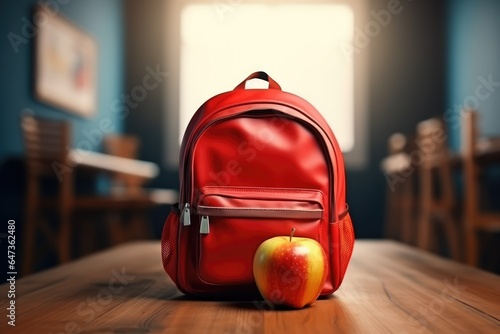 Back to school and happy time. Apple and backpack photo