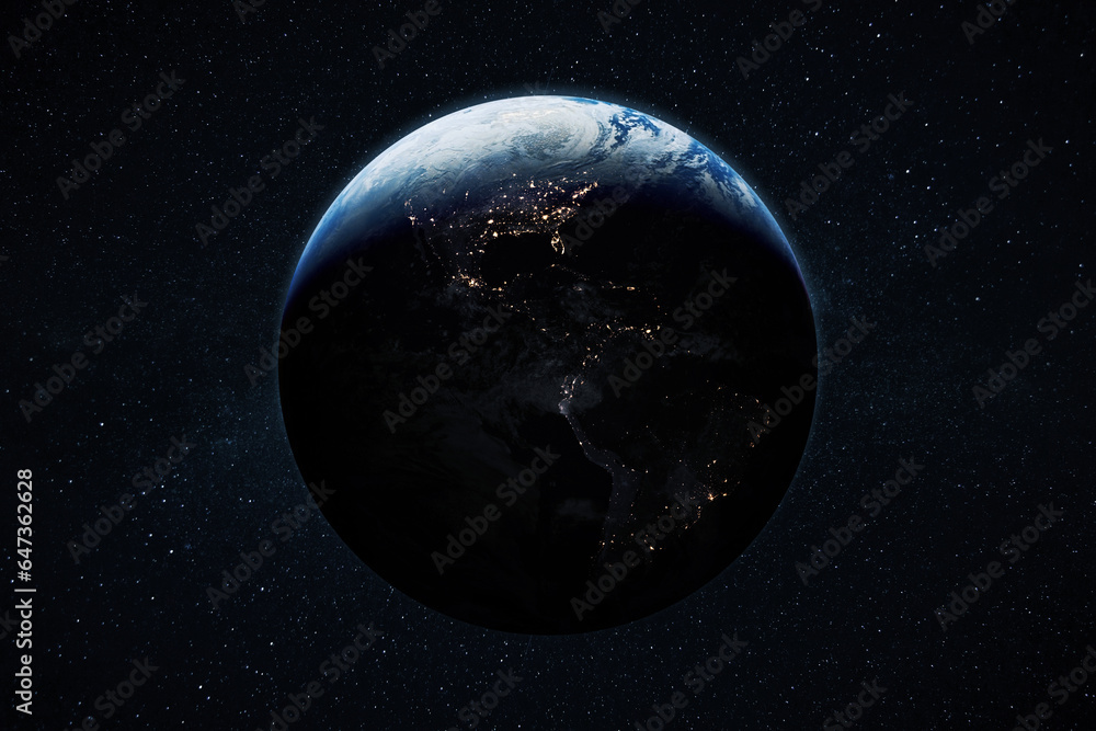 Obraz premium Amazing blue planet earth with night city lights. North and South America at night viewed from space with city lights showing human activity in USA, Mexico, Colombia, Argentina and other countries