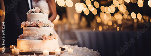 Newlywed couple and their ornate wedding cake. Concept of marriage, cutting the cake, a ceremony and the celebration of love. Shallow field of view with copy space. photo