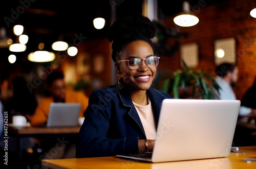 Happy Black student girl in wireless earphones attending virtual webinar, learning conference, waving hello at laptop webcam. AI Generated © millenius