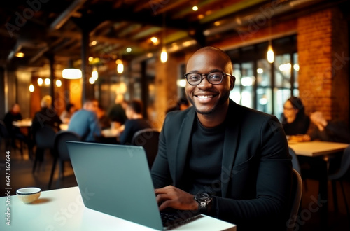 Portrait of a smiling black businessman with laptop at cafe. AI Generated © millenius
