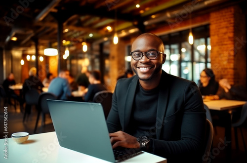 Portrait of a smiling black businessman with laptop at cafe. AI Generated