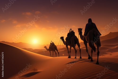 Berber man leading camel caravan at sunset.