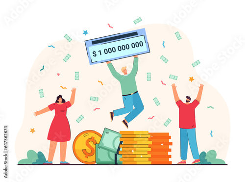Happy lottery winner with billion prize vector illustration. Cartoon drawing of man jumping with ticket or check, banknotes and gold stacks of coins. Luck, success, lottery concept