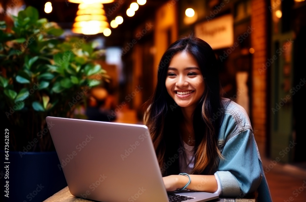 Young asian woman, digital nomad working remotely from a cafe, drinking coffee and using laptop, smiling. AI Generated