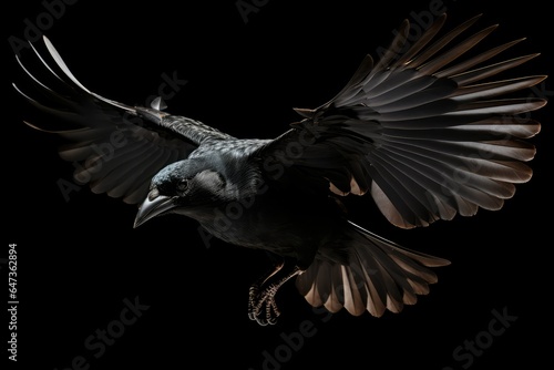 Black bird flying on solid black background