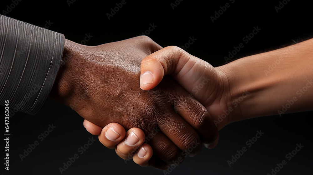 Fototapeta premium Two people shakehand in black background banner