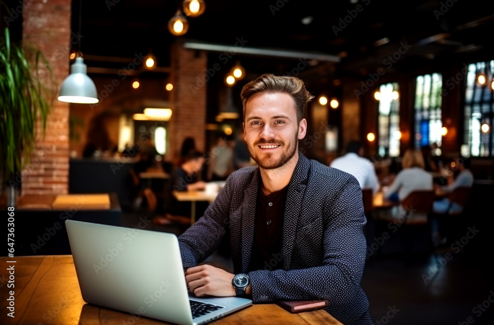 Portrait of cheerful male it professional working remotely with modern laptop device sitting at table and smiling at camera during break. AI Generated Portrait of cheerful male it professional working remotely with modern laptop device sitting at table and smiling at camera during break. AI Generated