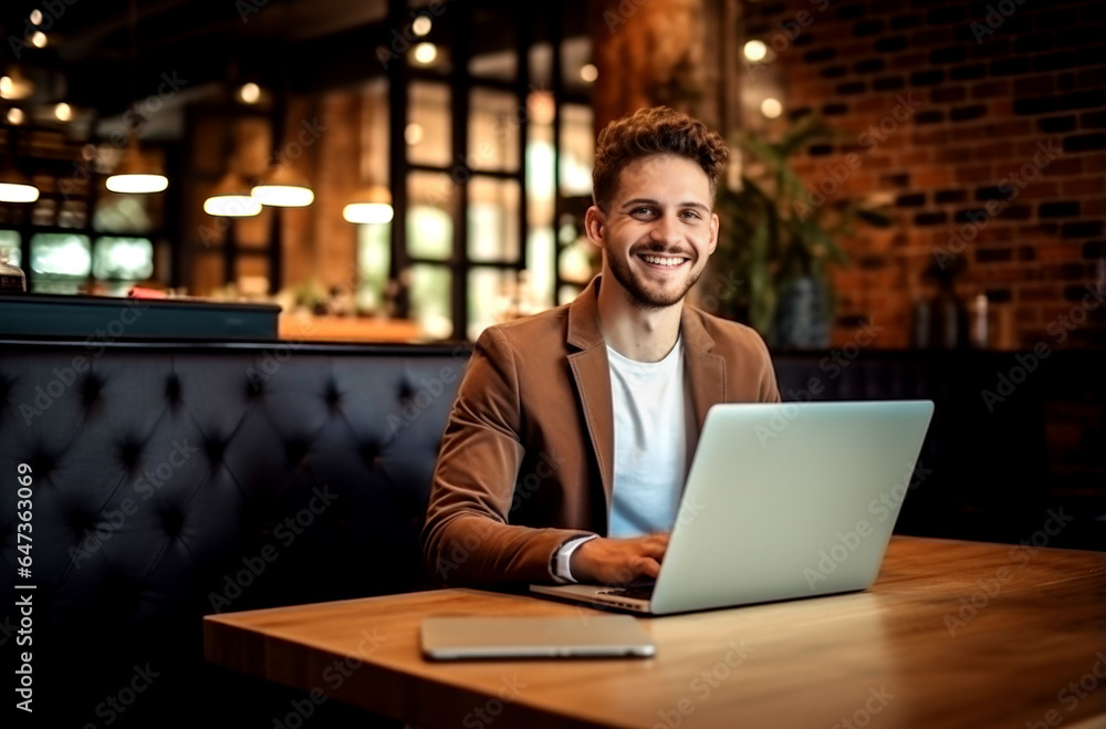 Portrait of cheerful male it professional working remotely with modern laptop device sitting at table and smiling at camera during break. AI Generated Portrait of cheerful male it professional working remotely with modern laptop device sitting at table and smiling at camera during break. AI Generated