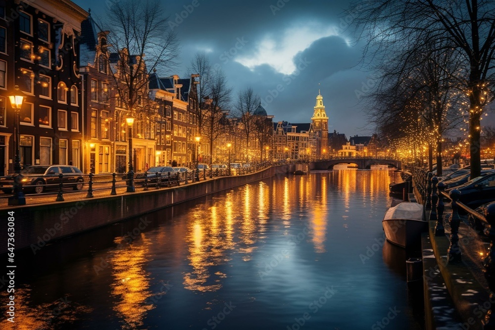 Evening lights adorn Amsterdam's canals in December. Generative AI