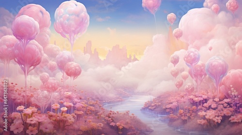 a dreamy pastel-colored world with cotton candy clouds and lollipop flowers