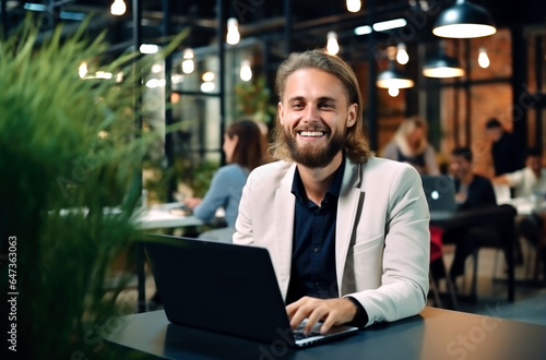 Portrait of cheerful male it professional working remotely with modern laptop device sitting at table and smiling at camera during break. AI Generated © millenius