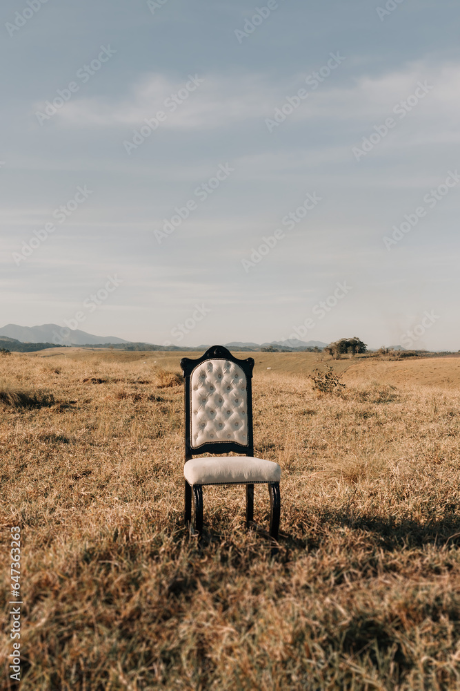 white chair in the middle of dry pastures on a sunny day. Chair in the middle of nature. white chair in the middle of dry pastures on a sunny day. Chair in the middle of nature.