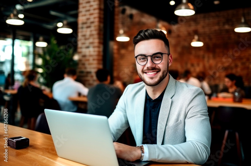 Portrait of cheerful male it professional working remotely with modern laptop device sitting at table and smiling at camera during break. AI Generated