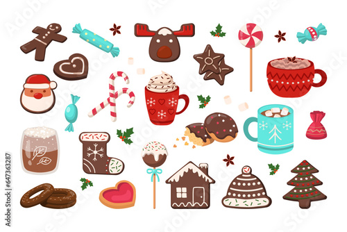 Festive gingerbread cookies for holiday vector illustrations set. Collection of drawings of biscuits with chocolate glaze or sprinkles, hot cocoa, lollipops, candies. Christmas, desserts concept