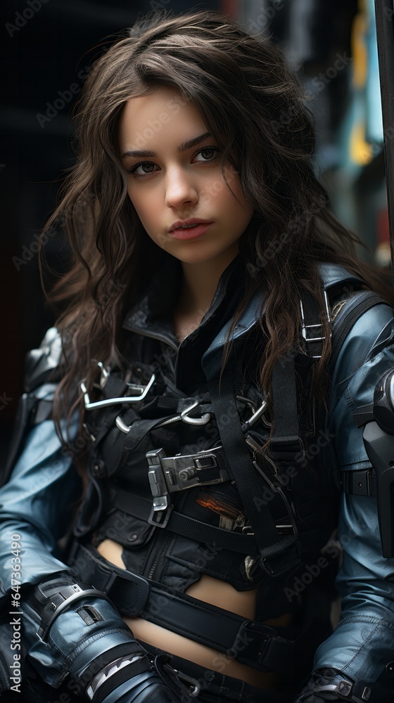 Photo of a futuristic cyberpunk woman in a stylish leather outfit striking a pose for a fashion photoshoot created with Generative AI technology Photo of a futuristic cyberpunk woman in a stylish leather outfit striking a pose for a fashion photoshoot created with Generative AI technology