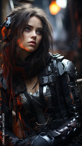 Photo of a cyberpunk woman in a futuristic suit posing for a picture created with Generative AI technology