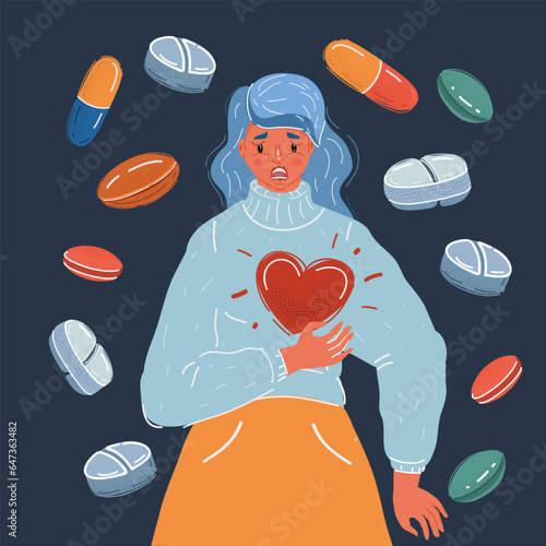 Vector illustration of women having a heart attack on dark backround. Medicine pills arround.