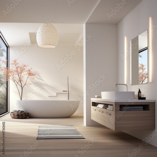 a minimalist bathroom with clean lines neutral colors and a Japanese soaking tub