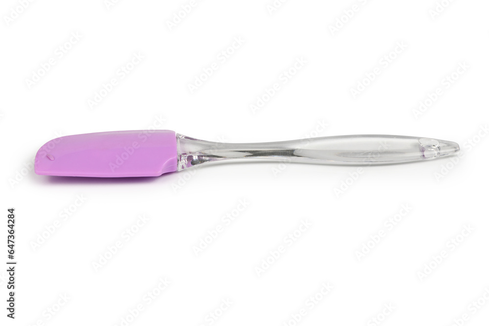 Obraz premium Pink rubber spatula, kitchen utensil. Isolated on white background. Side view.