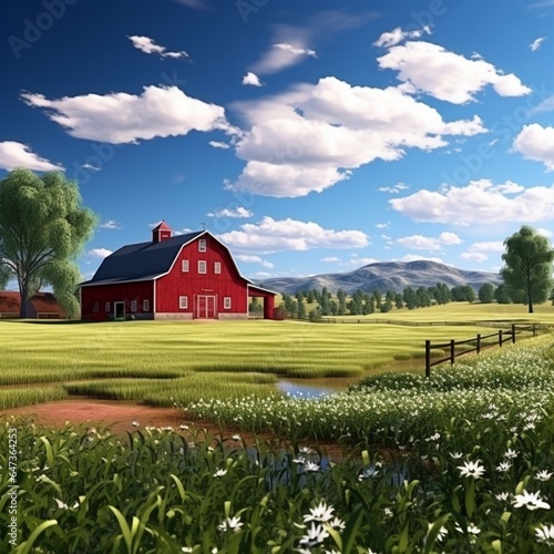 a peaceful rural field with a red barn and a clear sunny day