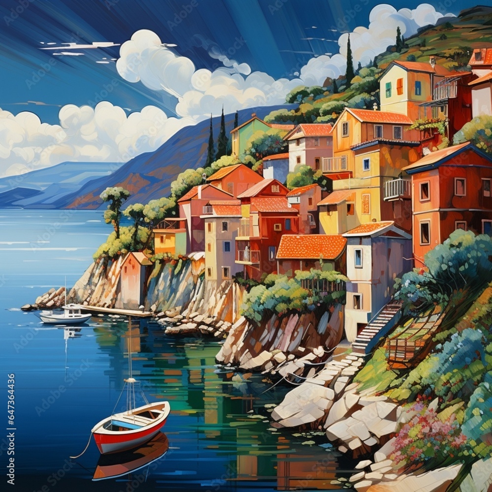 a picturesque coastal village with colorful houses overlooking a peaceful bay