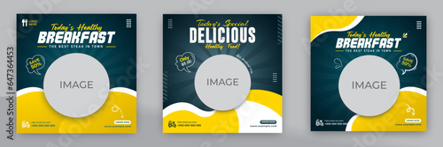 Fast food restaurant business marketing social media post or web banner template design with abstract background, logo and icon. Fresh pizza, burger and pasta online sale promotion flyer or poster.