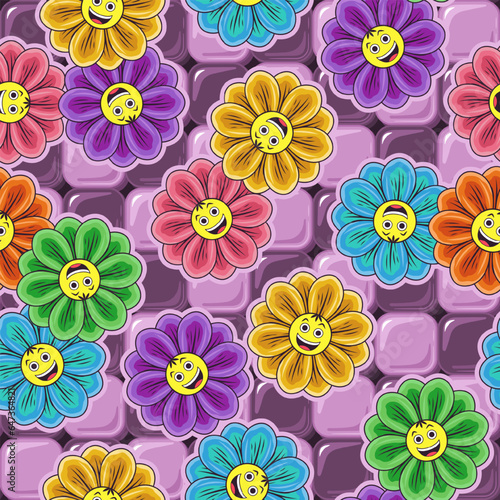 Seamless pattern with mosaic tiles  colorful emoji chamomile flower child. Groovy  hippie  naive style. Good for apparel  fabric  textile  surface design.