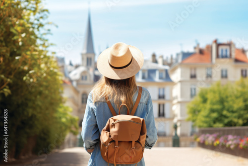 Back view of happy woman with hat and backpack enjoying vacation in Paris