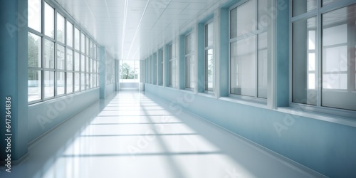Hospital corridor with windows and blue walls  in the style of bokeh  light gray  bauhaus  light white  skillful. Generative AI image weber.