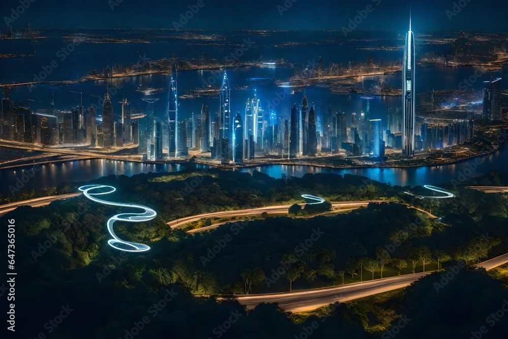 Cityscape at Night: Illuminated Tall Buildings in Urban Hub