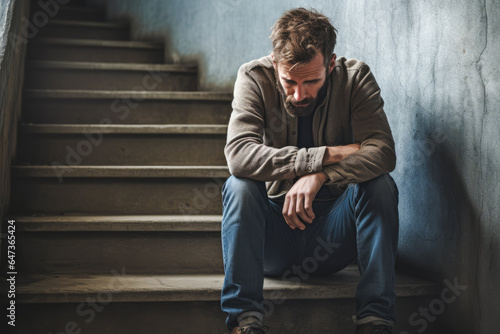 A person sitting on a staircase, looking sad and depressed